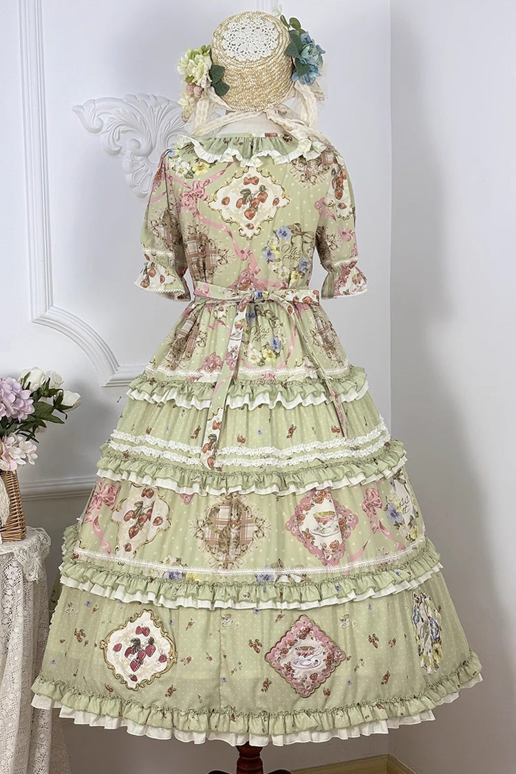Emerald Cat Rose Tea Short Sleeve Printed Ruffle Cardigan Bow Sweet Lolita Gown