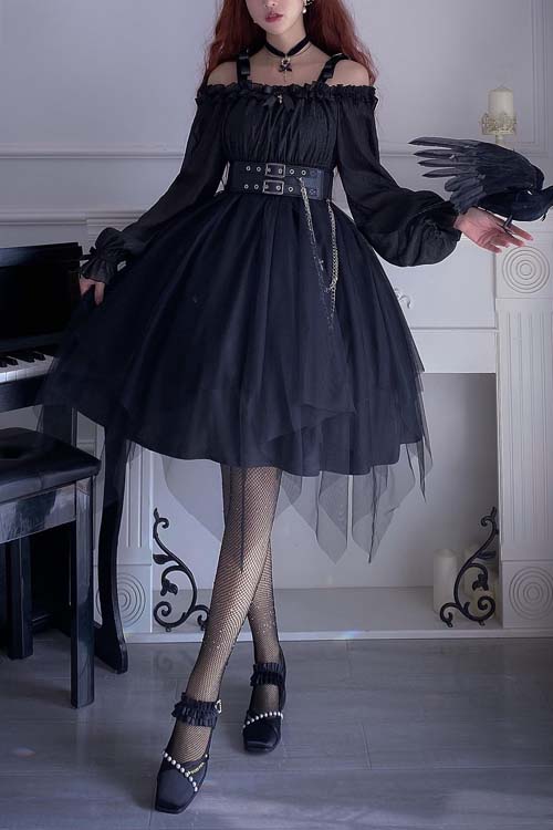 Gothic OP Dress with Irregular Hem and Star Motif