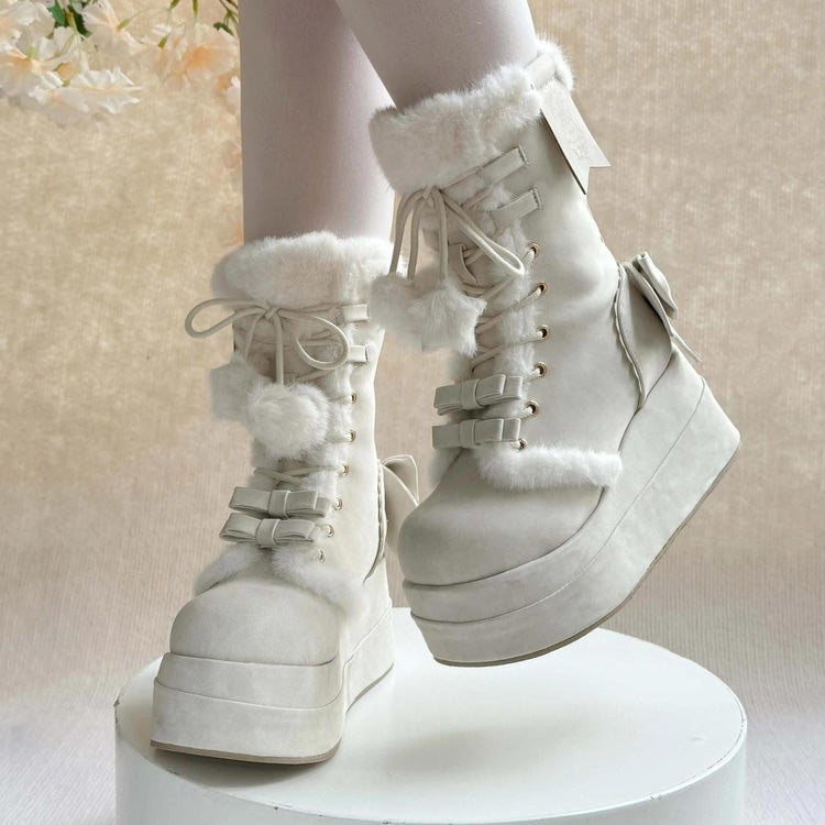 Sweet Lolita Plush Bowknot Lace-Up Platform Boots in Beige