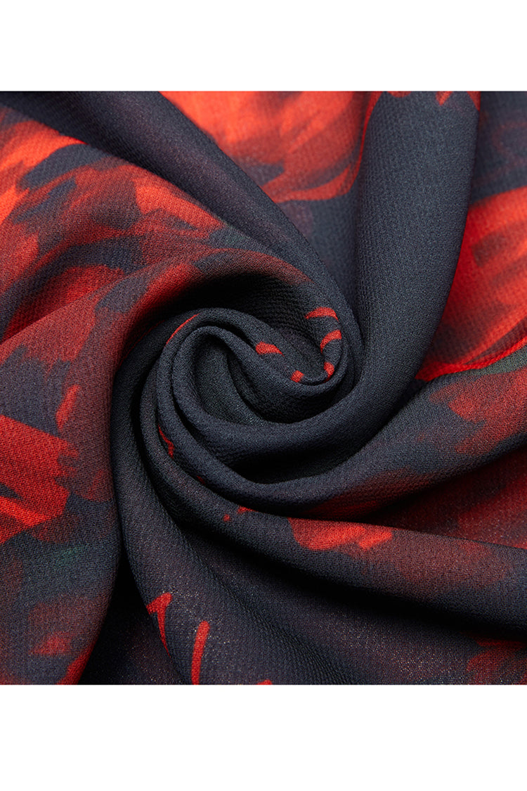Crimson Noir Layered Chiffon Pattern Print High-Waist Punk Skirt