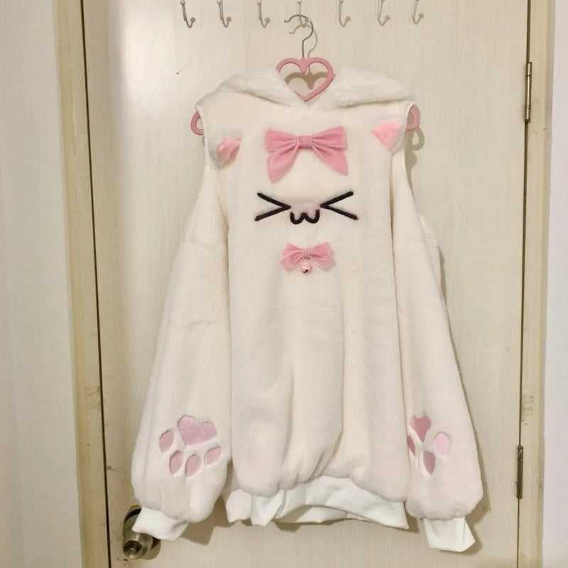 Kawaii Cat Paw Bow Hooded Plush Top KI690