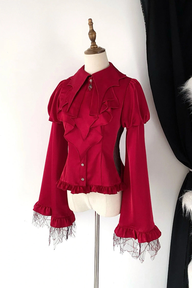 Gothic Lolita Blouse with Bat Collar, Long Sleeves, Ruffle in 3 Colors