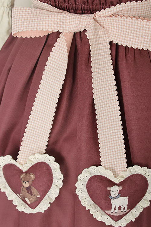 Burgundy Sheep and Bear Motif Alice Girl Bow Ruffle Sweet Lolita Jumper Dress