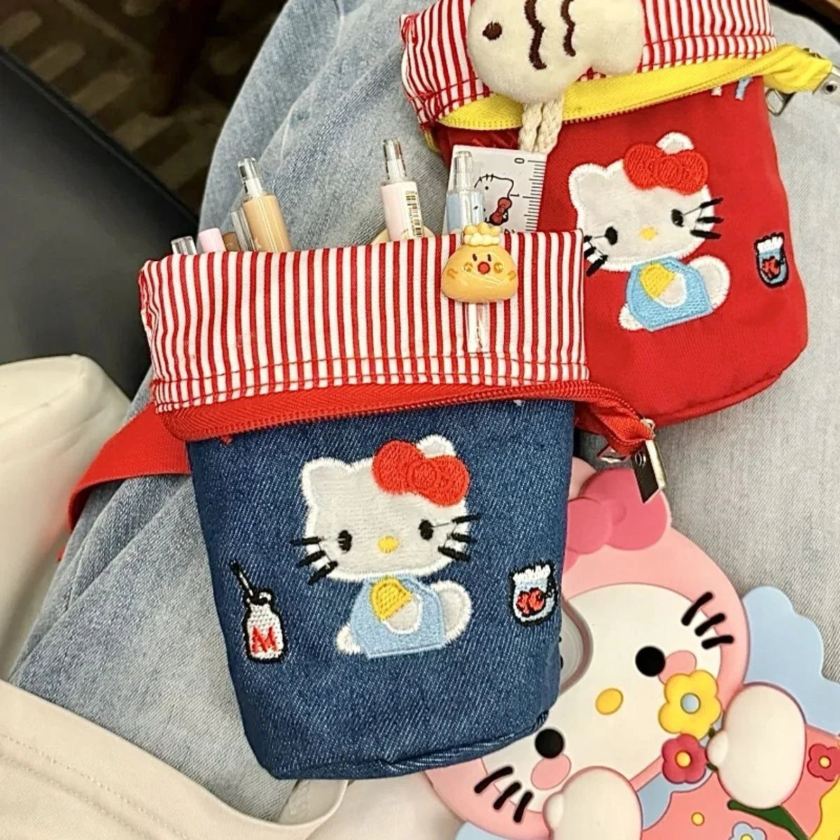Kitty Denim Embroidery Storage Bag