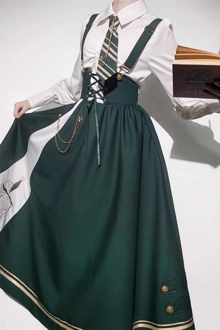 Emerald Time Traveler Print College Style Sweet Lolita Strap Gown 4 Piece Set