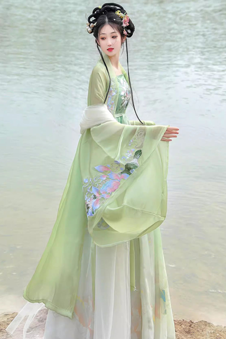 Emerald Tang Dynasty Long Trumpet Sleeve Print Embroidered Sweet Hanfu Gown