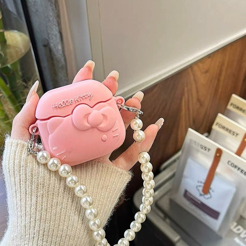 Étui pour AirPods avec chaîne en perles et motif chat rose - Lovesickdoe