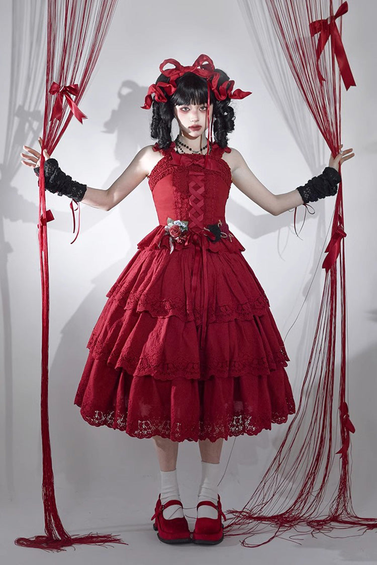 Burgundy Forest Waltz Embroidery Bow Lace-Up Slim Sweet Elegant Lolita Suspender Top