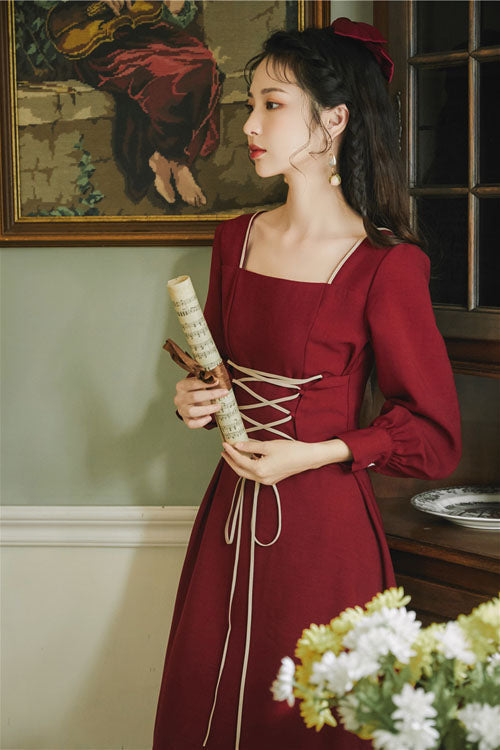 Burgundy European Manor Square Neckline Long Sleeve High Waist Classic Lolita One-Piece Dress