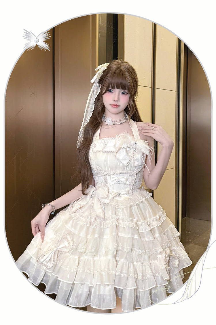 Swan Overture Halterneck Sleeveless Multi-Layered Ruffle Bowknot Lace Sweet Lolita Dress