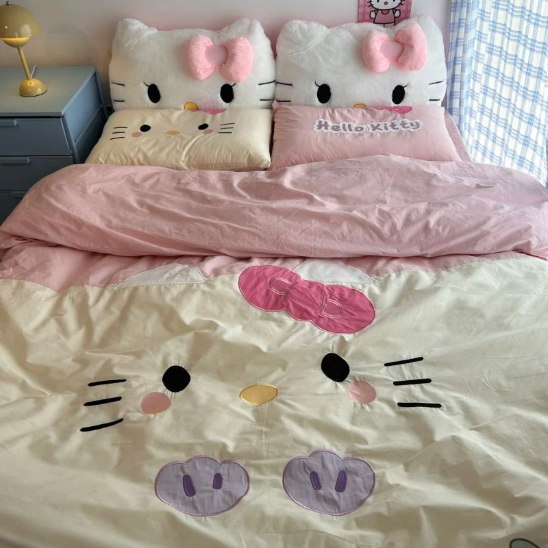 Parure de lit avec draps et cœurs à motif de chat de dessin animé KI538