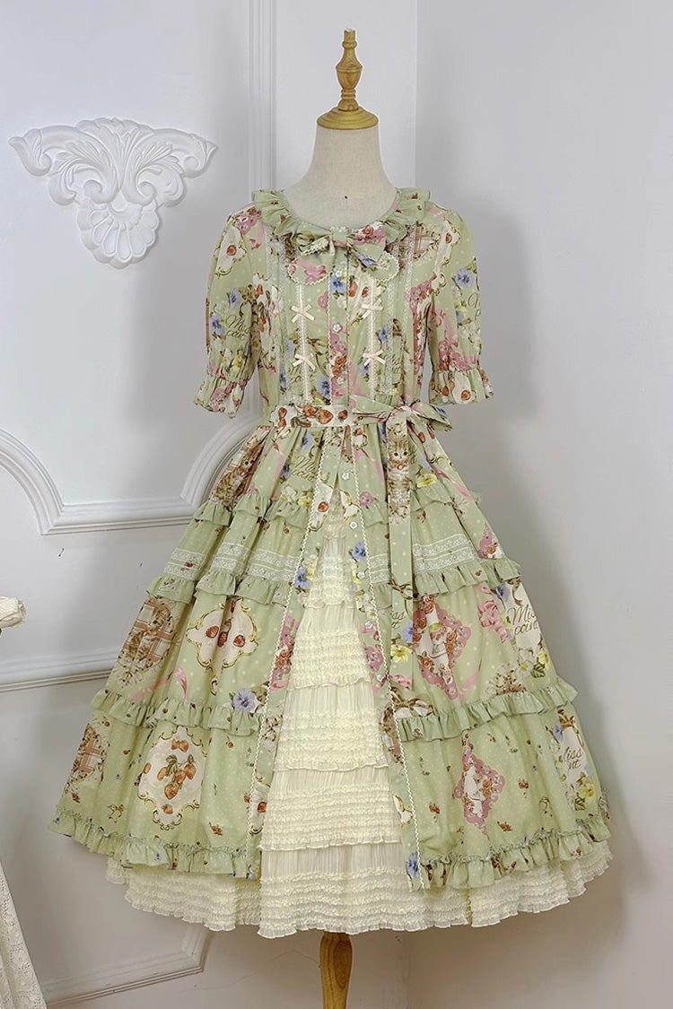 Emerald Cat Rose Tea Short Sleeve Printed Ruffle Cardigan Bow Daily Lolita Gown