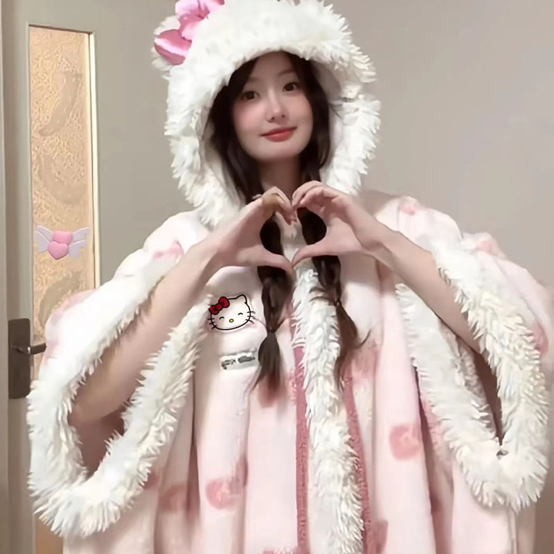 Pink Kitty Nachthemd aus Korallenfleece-Plüsch mit Kapuze KI682
