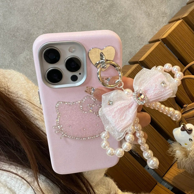 Pink Leather Sparkling Kitty Phone Case KI704