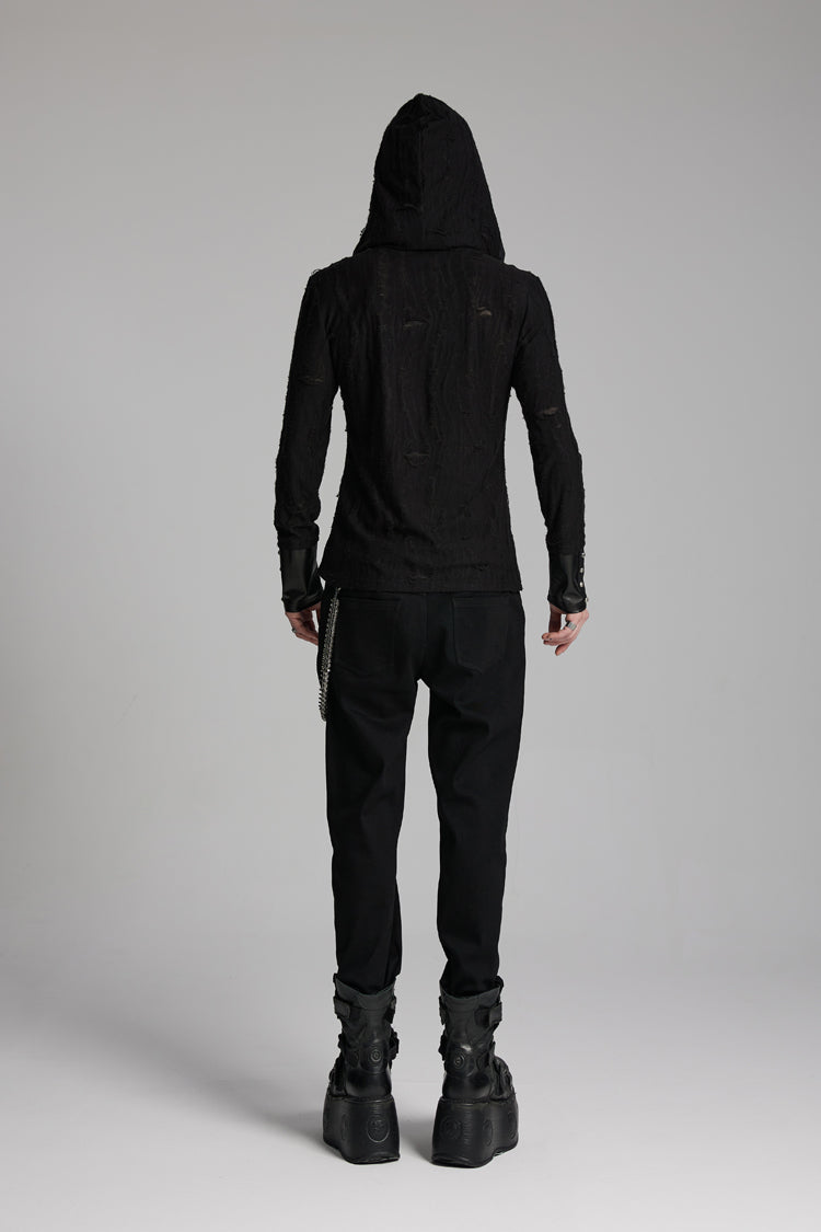 Punk Tee for Men with Lace-Up, Hood, Studs, and Eyelets, Extended Sleeves