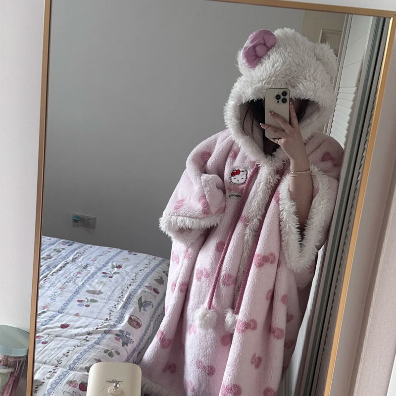 Pink Kitty Nachthemd aus Korallenfleece-Plüsch mit Kapuze KI682