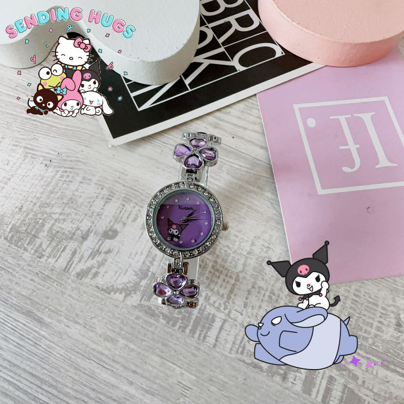 Montre-bracelet à diamants avec trèfle à quatre feuilles de dessin animé KI680