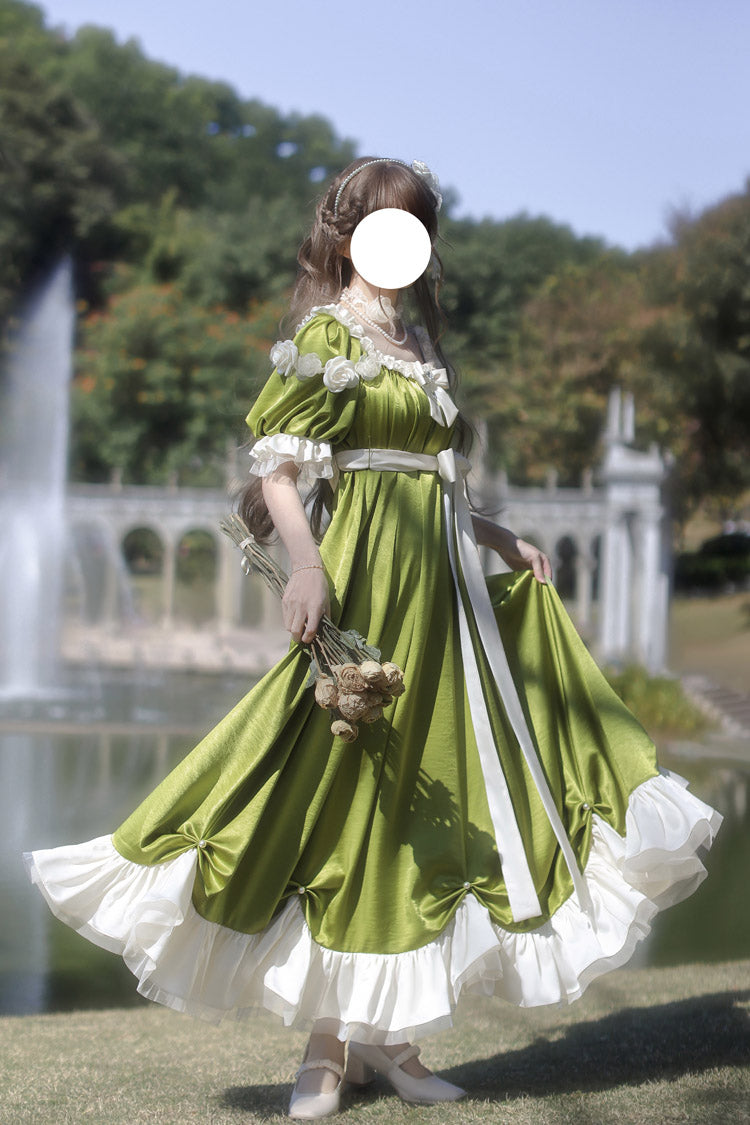 Emerald Square Neck Short Sleeve Ruffle Bow Sweet Regency Vintage Lolita Dress