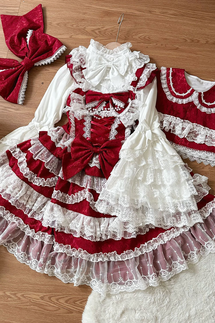 Burgundy Love and Heart Flutter Sleeveless Layered Ruffle Bow Lace Pearl Sweet Lolita JSK Gown