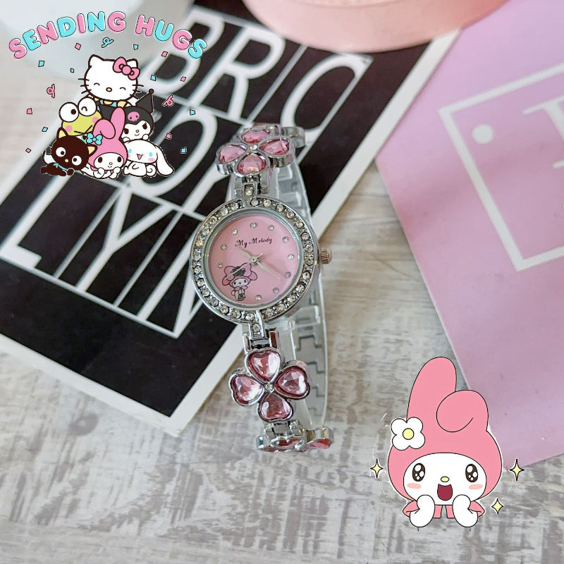 Montre-bracelet à diamants avec trèfle à quatre feuilles de dessin animé KI680