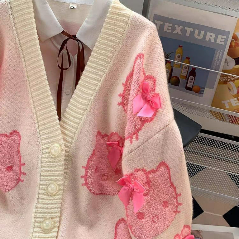 Sweet Pink Kitty Bow Cardigan Sweater KI612