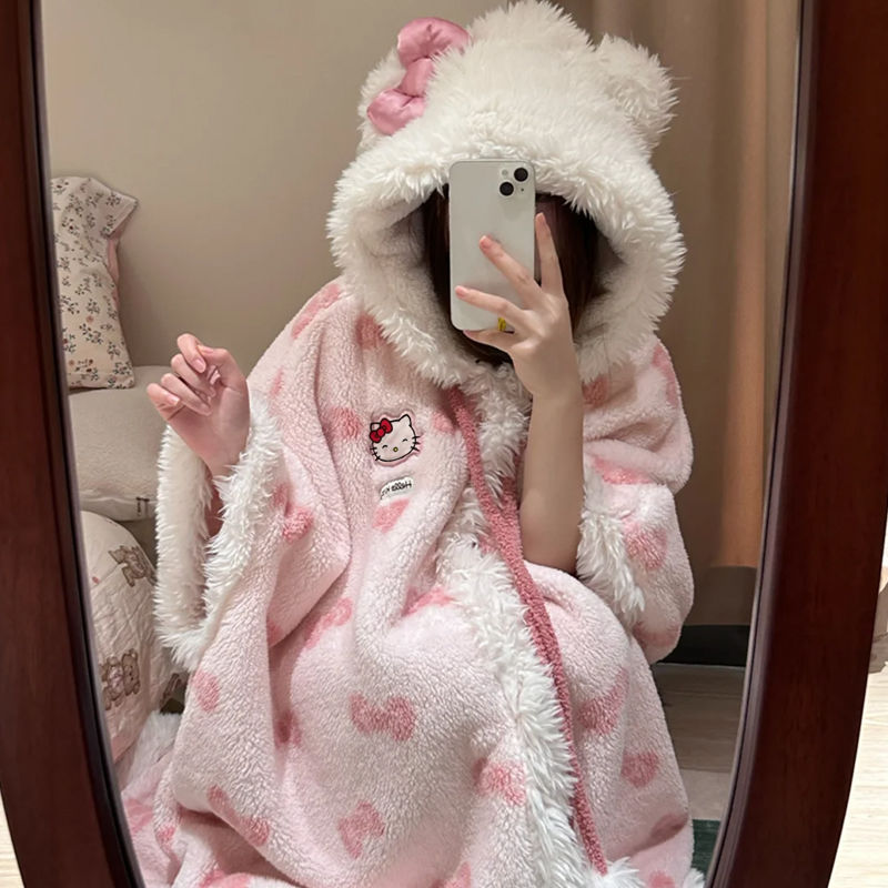 Pink Kitty Nachthemd aus Korallenfleece-Plüsch mit Kapuze KI682