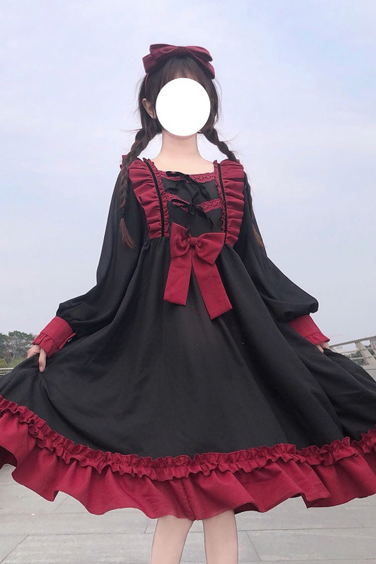 Long-Sleeve Waist Bow Frilled Sweet Lolita One-Piece Dress