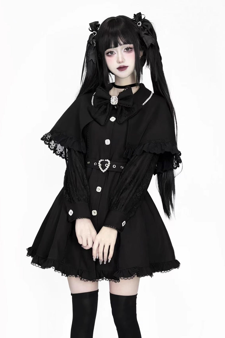 Elegant Jirai Kei Dress with Removable Cape and Ruffle Lace, Long Sleeve