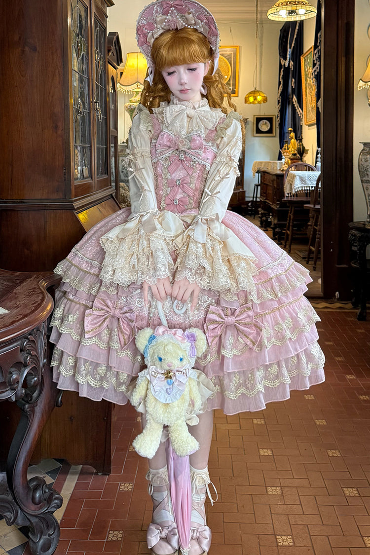 Pink Gem Crown Triple Ruffle Bow Lace Elegant Lolita JSK