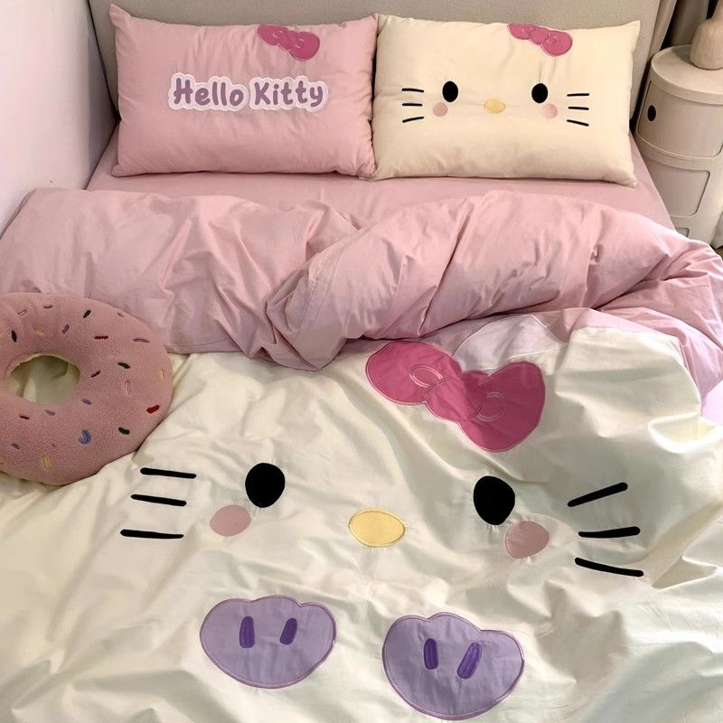 Parure de lit avec draps et cœurs à motif de chat de dessin animé KI538