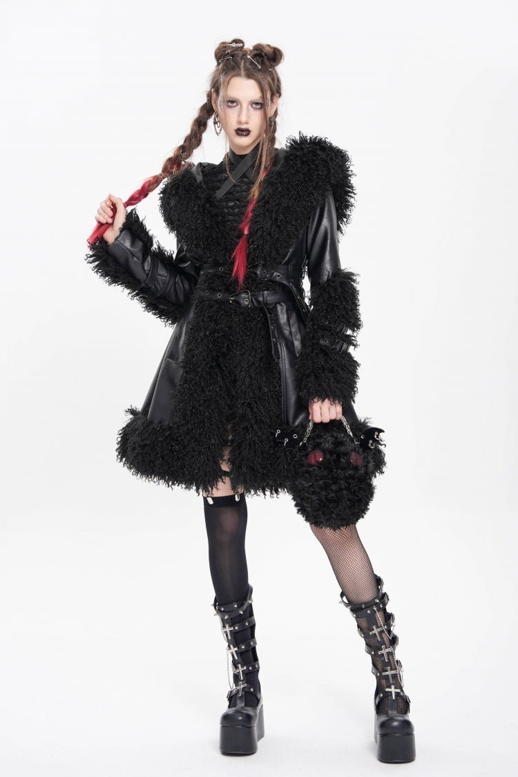 Women's Punk Coat with Plush Stitching, Buckle Straps and Hood, Long Sleeve