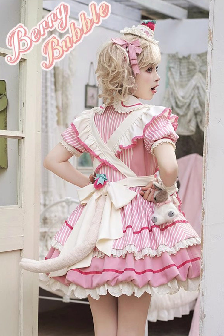 Berry Bubbles Stripe Print Ruffle Bowknot Lace Dress, Sweet Lolita Charm