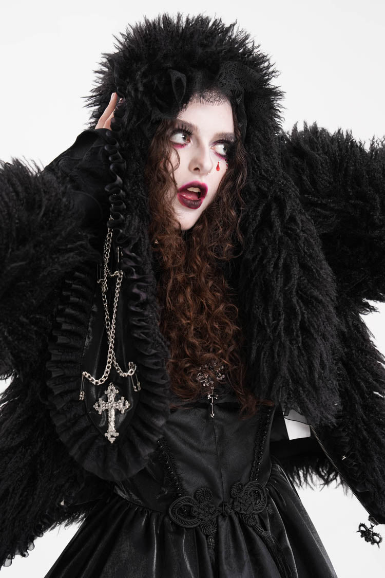 Gothic Jacket with Lace Hood, Zipper Chain, and Extended Sleeves