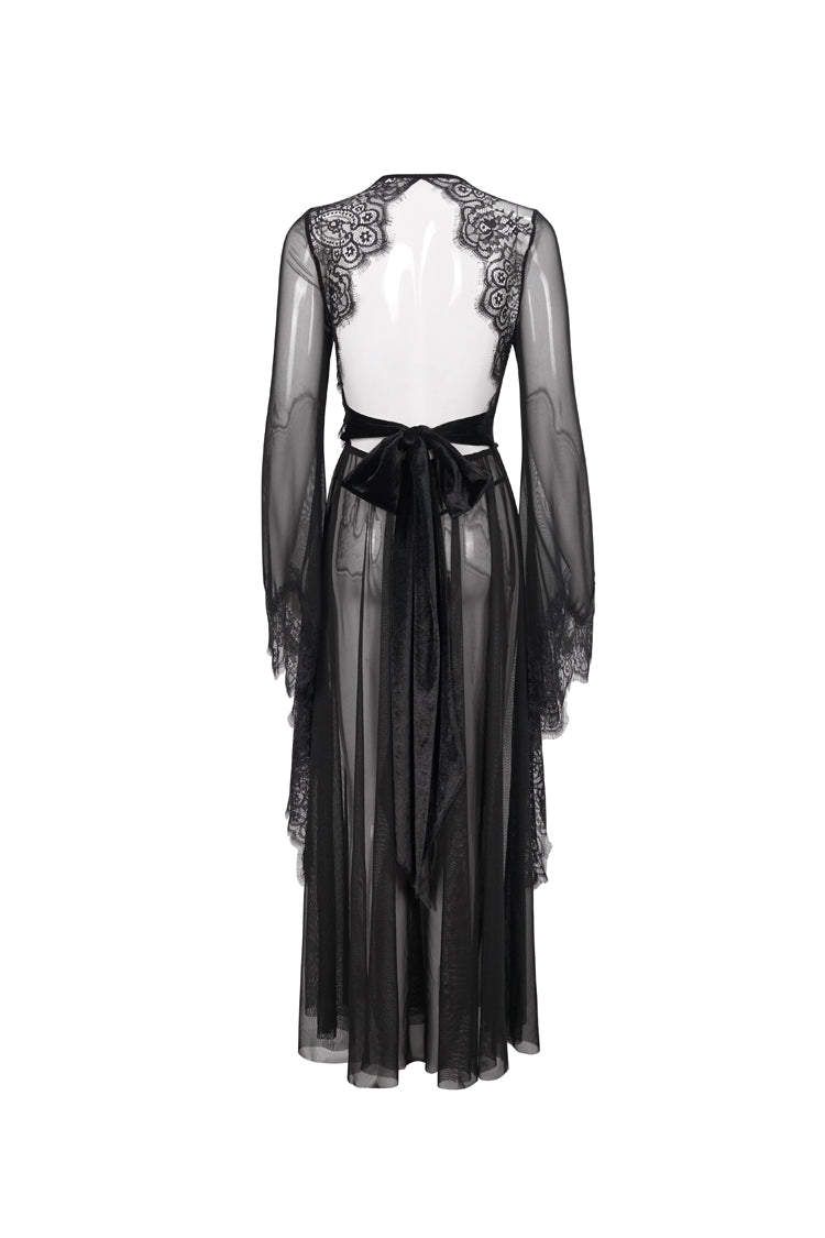Sheer Backless Lace Bell-Sleeve Goth Gown