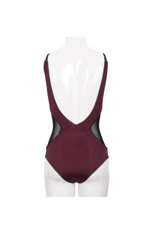 Burgundy Waist Mesh Insert Lace-Up Gothic One-Piece Swimsuit