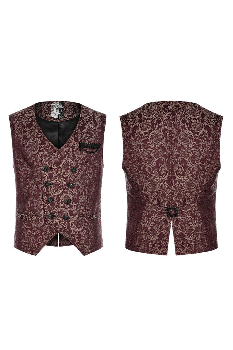 Crimson V-Neck Sculpted Jacquard Vest with Double Button Row