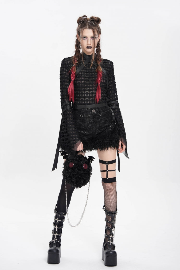 Plush Stitched Punk Shorts with Buckle Straps - Gothic Edge