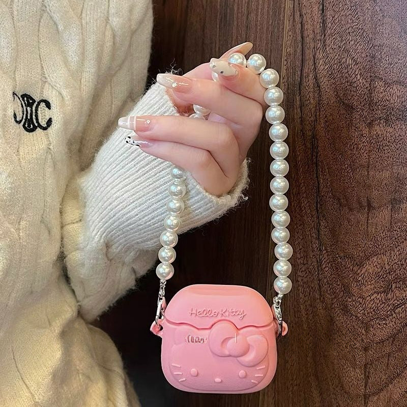 Étui pour AirPods avec chaîne en perles et motif chat rose - Lovesickdoe