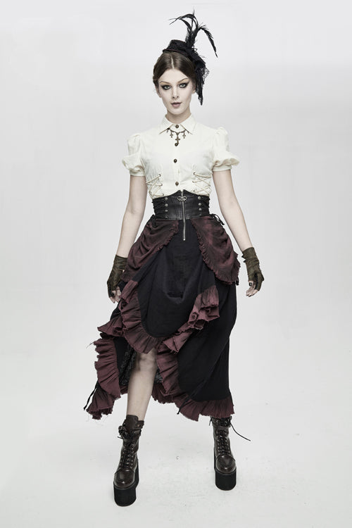 Steampunk Half Skirt with Drawstring and Burgundy Print