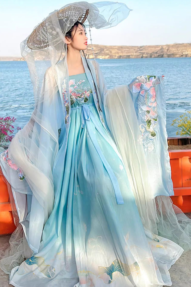 Azure Tang Dynasty Long Flared Sleeves Embroidered Hanfu Gown