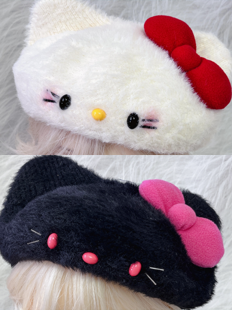 Black/White Kitty Ears Bowknot Beret