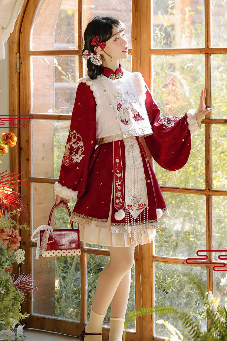 Ruby Embroidered Hanfu Ensemble with Bell Sleeves and High Waist
