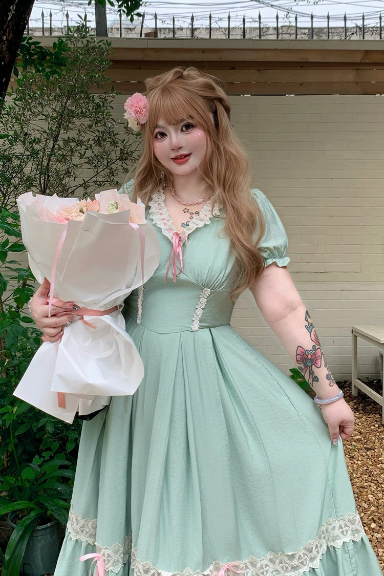 Emerald V Collar Short Sleeve Ruffled Lace Sweet Plus Size Lolita Gown