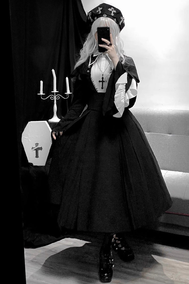 Plus Size Gothic Lolita Strap Dress Set with Nun Salute Cross and Ruffled Long Sleeves