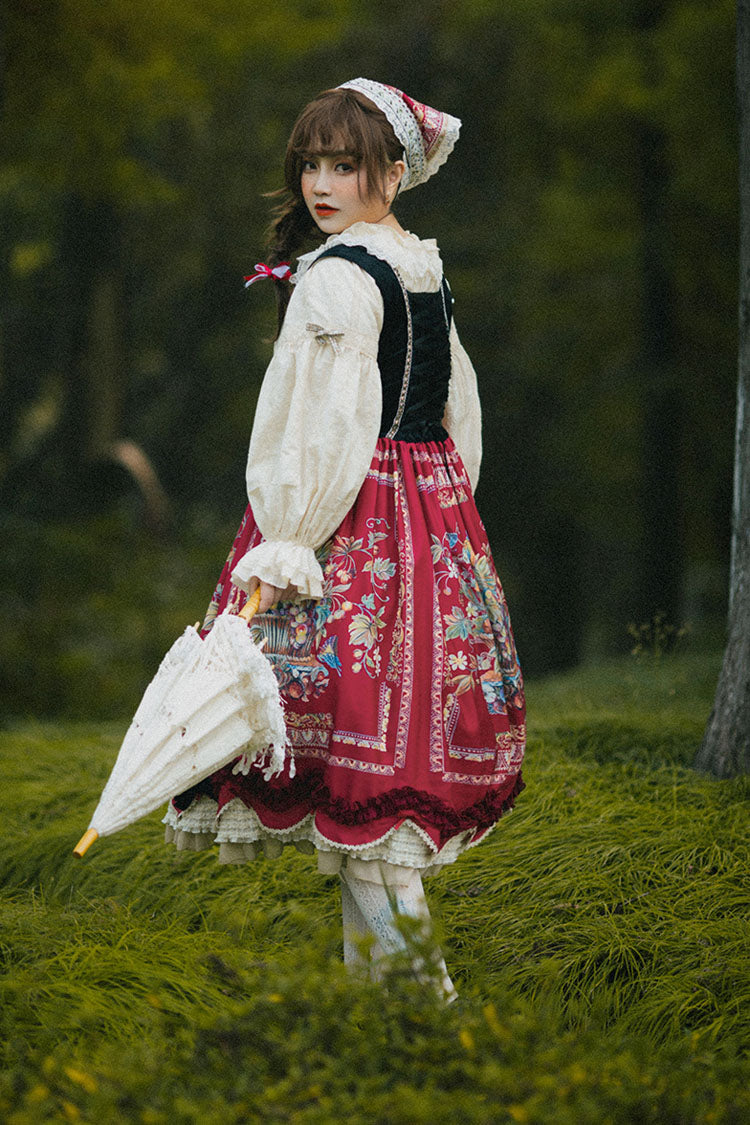Burgundy Berries and Birds Print Ruffle Bow Velvet Classic Lolita Corset JSK Dress