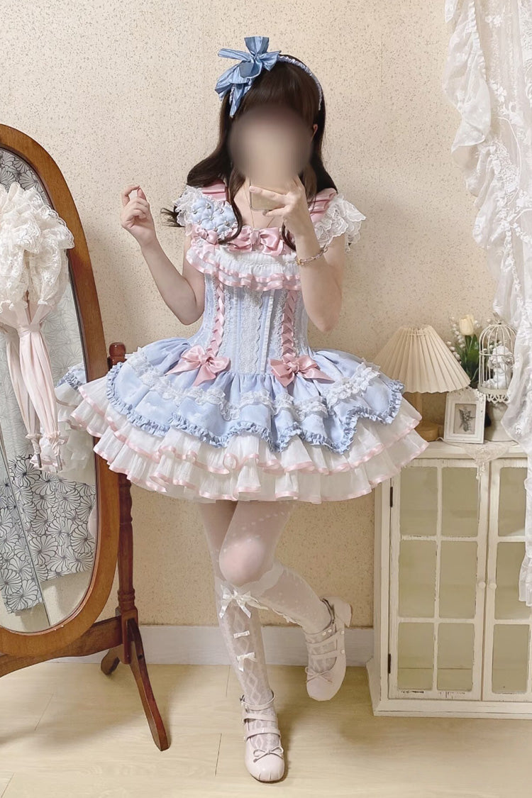 Azure Triple Ruffled Bow Lace-Up Slim Ballet Sweet Lolita Outfit