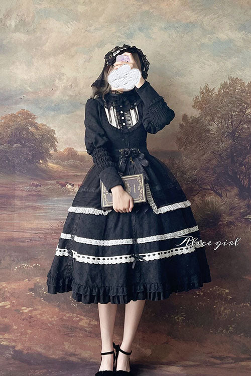 Classic Lolita OP Dress with Dark Church Lace, Ruffled Long Sleeves and Cross