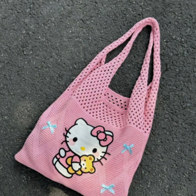 Pink Kitty Milk Blue Bow Knitted Tote Bag KI535
