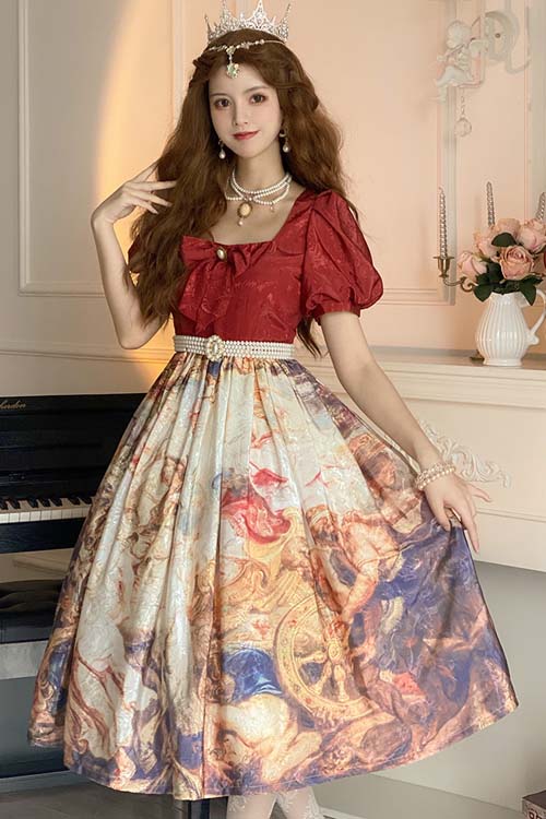 Crimson Puff-Sleeve OP with Cathedral Print