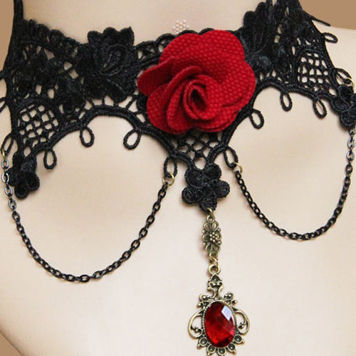Rose Noir Lace Choker Necklace with Victorian Charm